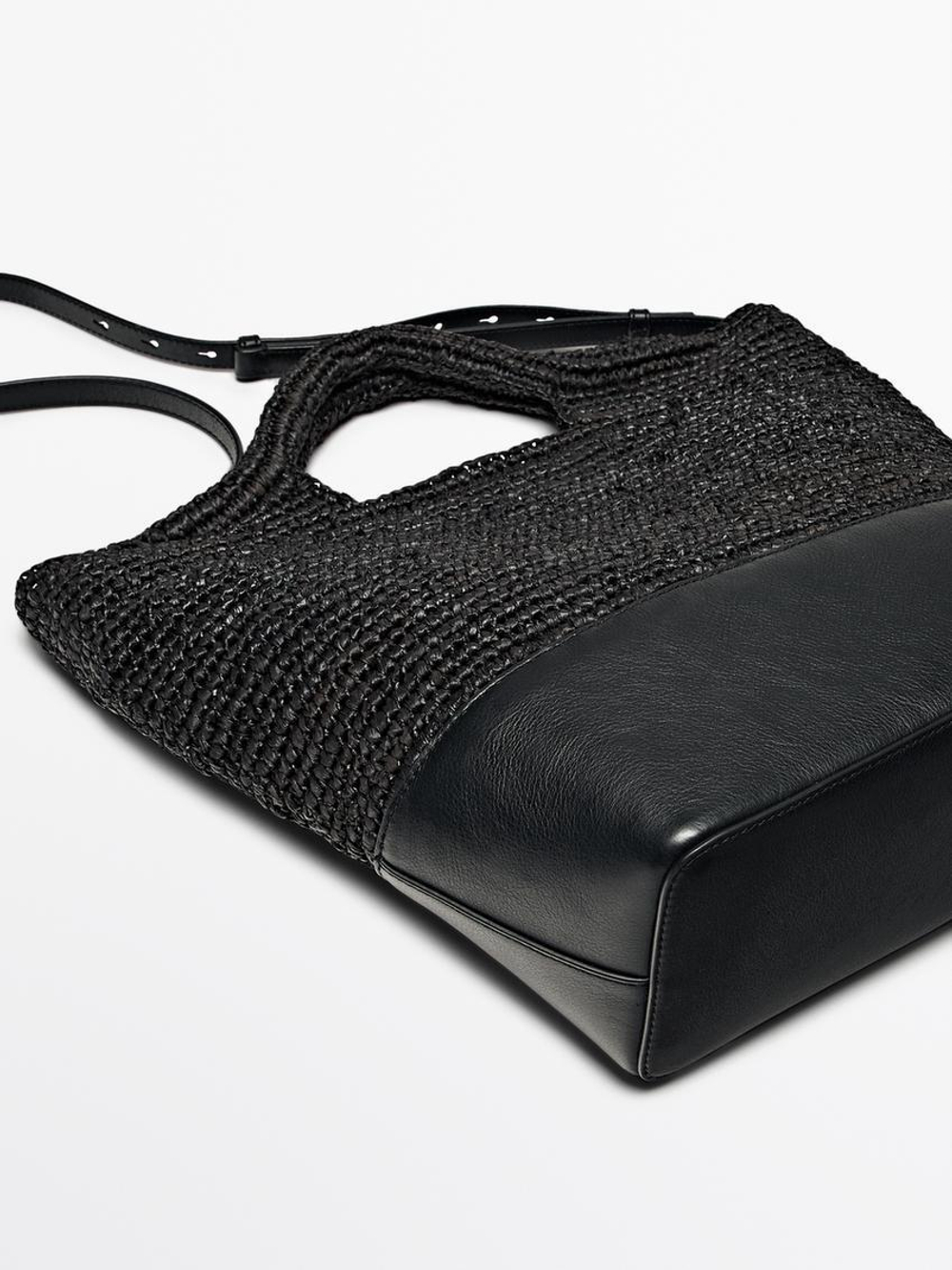 Massimo Dutti Сумка из натуральной рафии с кожаным основанием, черный