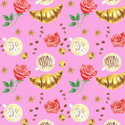 Круасаны, кофе, печеньки, розы