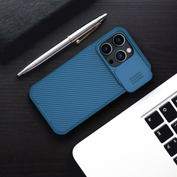 Чехол синего цвета с сдвижной шторкой для камеры на iPhone 14 Pro от Nillkin, серия CamShield Pro Case