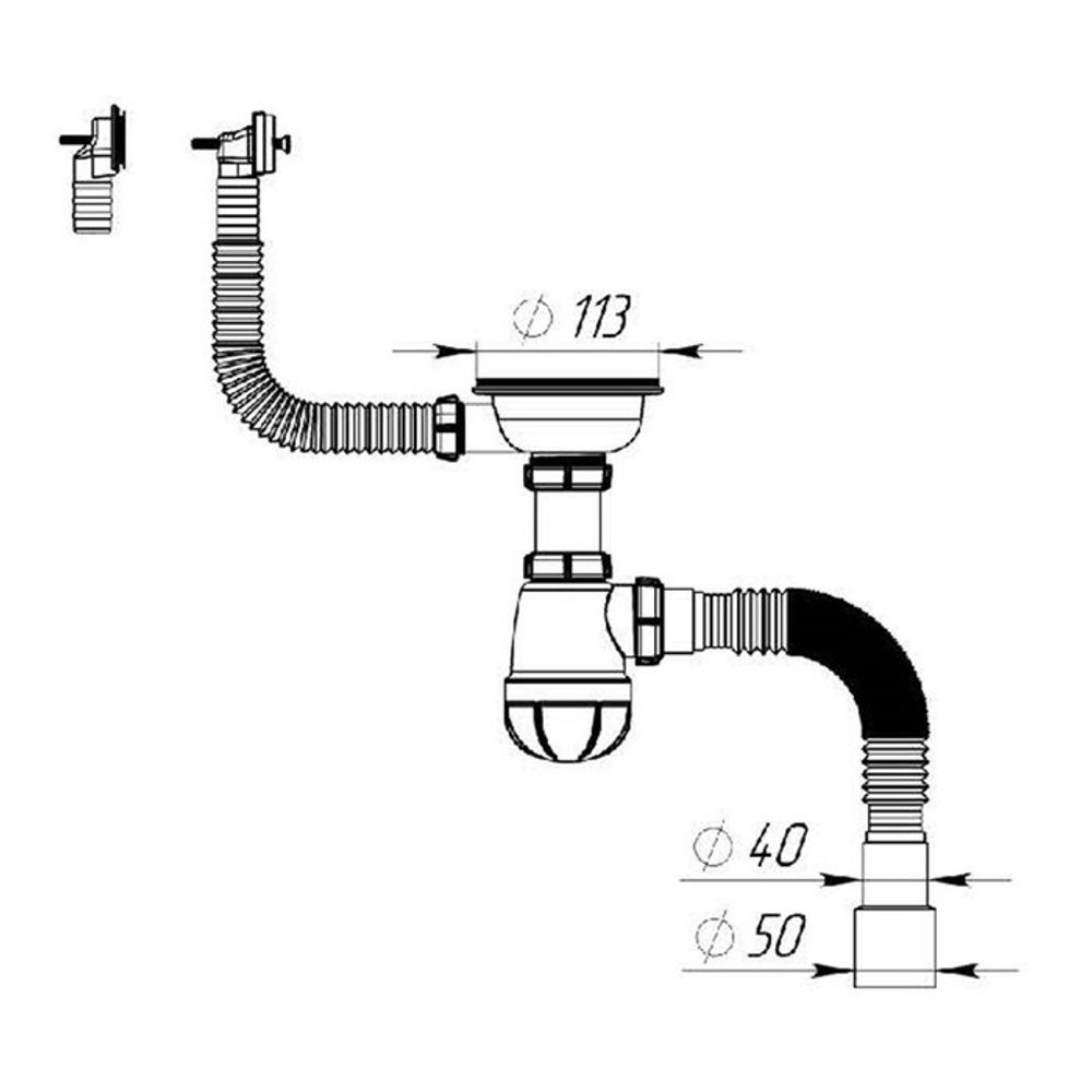 Сифон для мойки Aquant, 3 1/2&quot;х40 мм, прямоуг/кругл перелив, гофра 40/50 мм, решетка чёрная