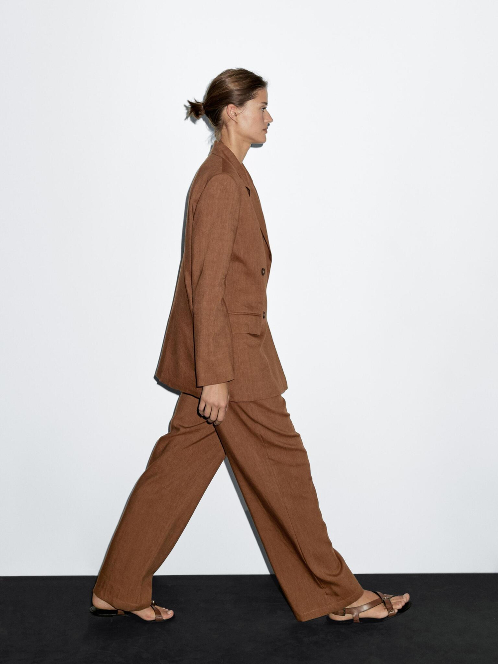 Massimo Dutti Брюки из смесового льна с широкими штанинами, коричневый