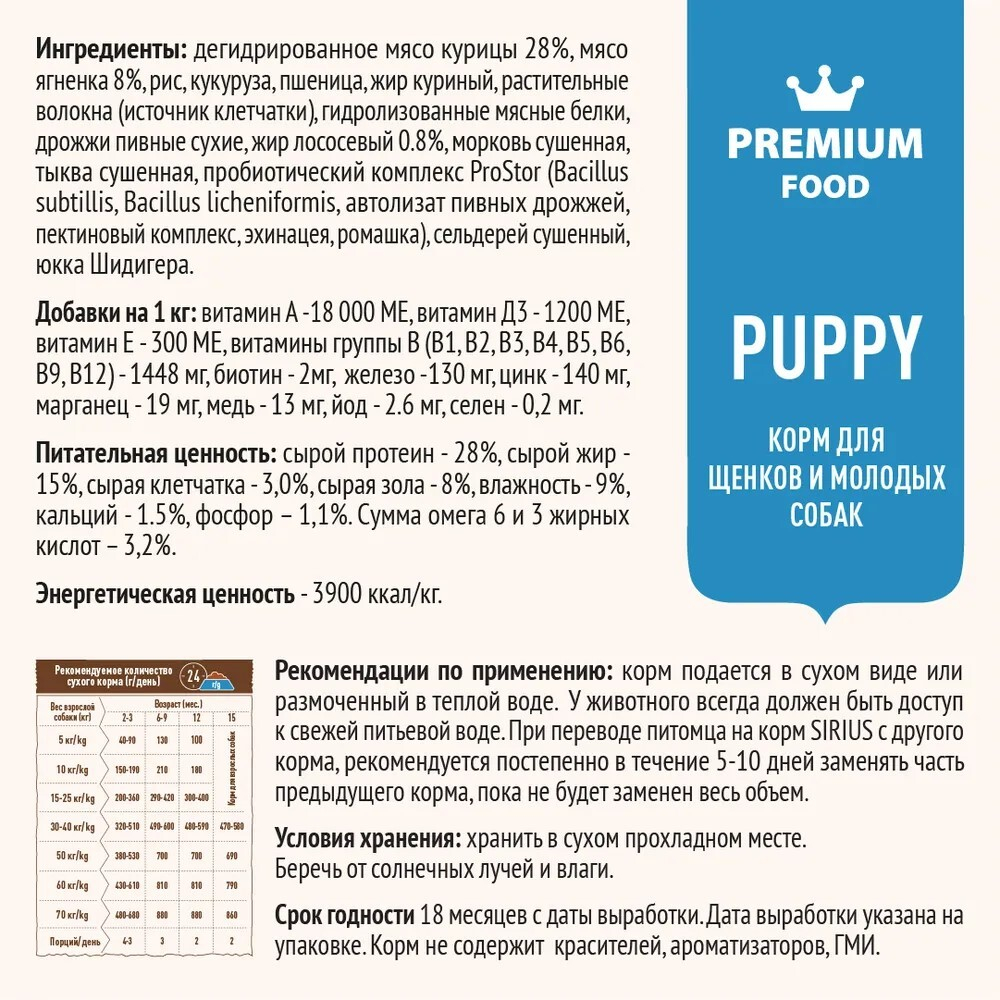 SIRIUS Сухой корм для щенков и молодых собак, Ягнёнок и рис, 15кг. Сириус