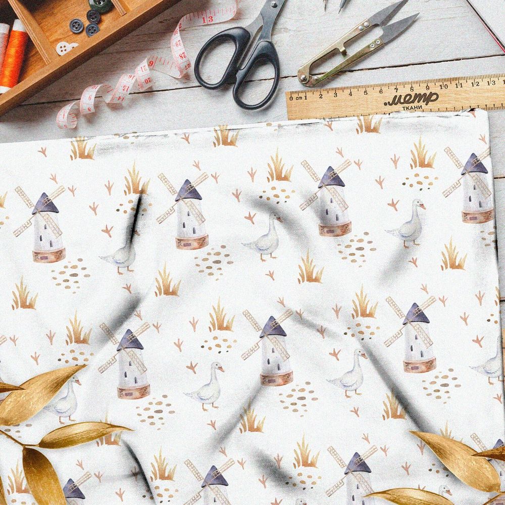 Ткань сатин акварельная мельница