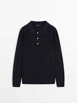 Massimo Dutti Вязаный свитер с воротником-поло, темно-синий