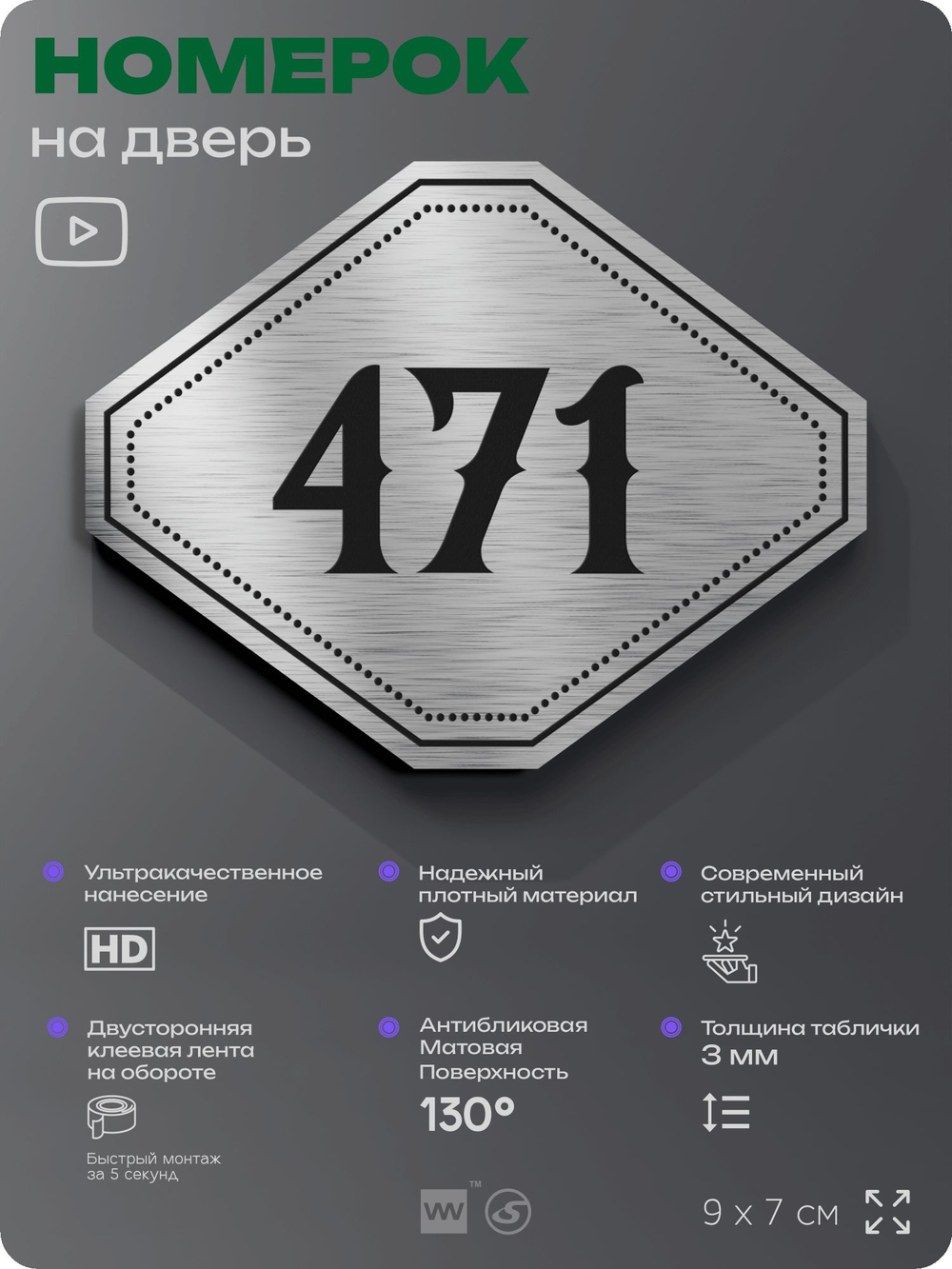 Номерок на дверь квартиры 471, для кабинета, офиса, шильдик 9 х 7 см, брашированная сталь, Айдентика Технолоджи