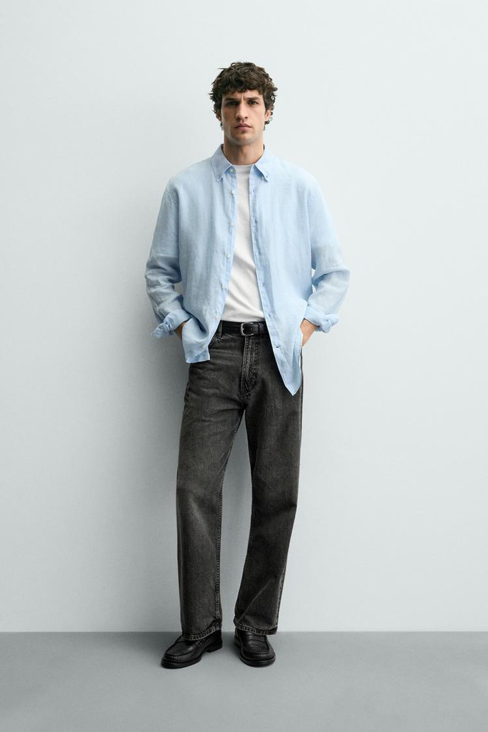 ZARA РУБАШКА REGULAR FIT ИЗ 100% ЛЬНА, НЕБЕСНО-ГОЛУБОЙ