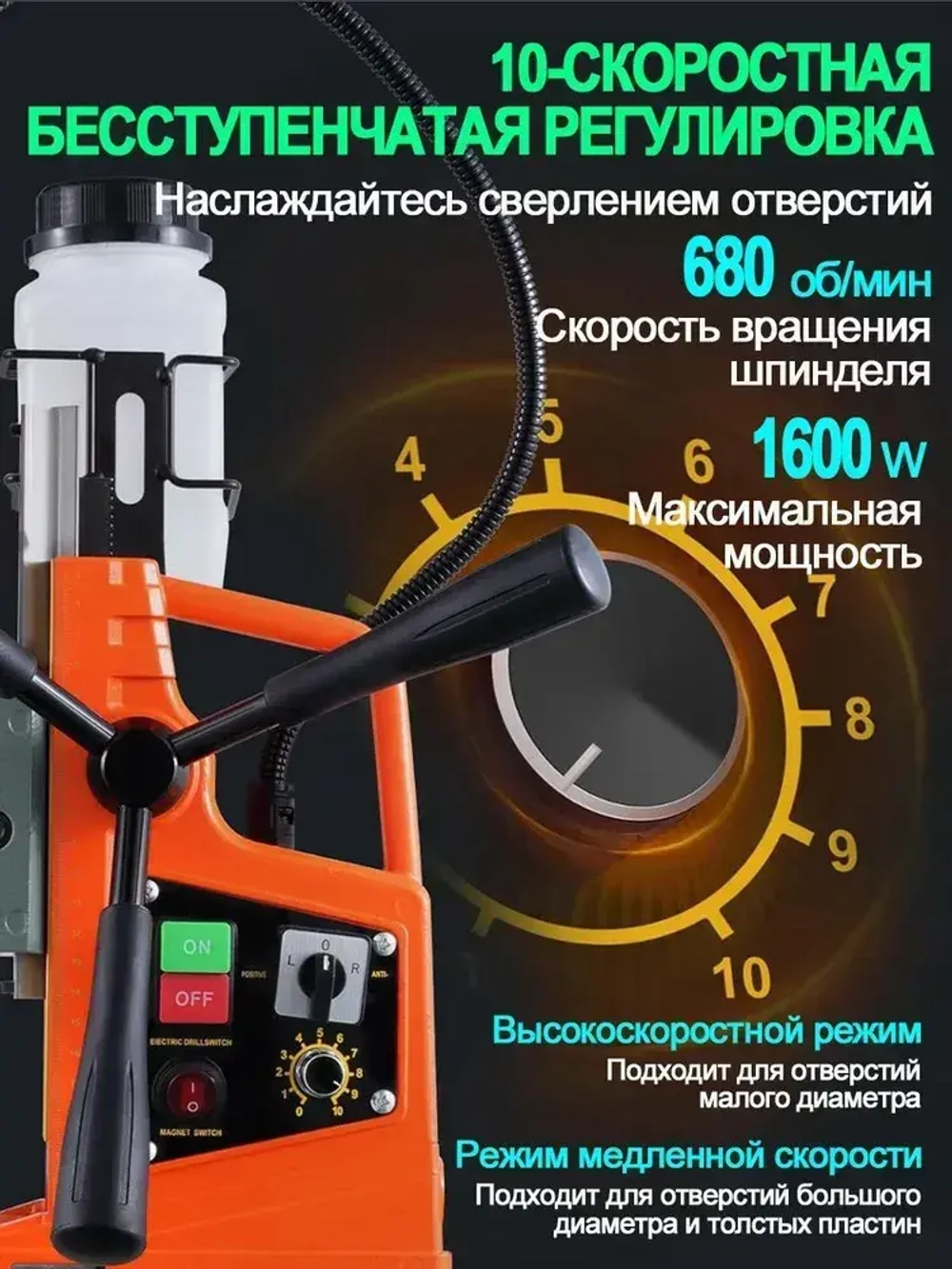 Сверлильный станок, промышленный класс, 1600 Вт, 680 об/мин, диаметр сверления 1,6 дюйма, регулировка 10 скоростей, с прямым и обратным ходом