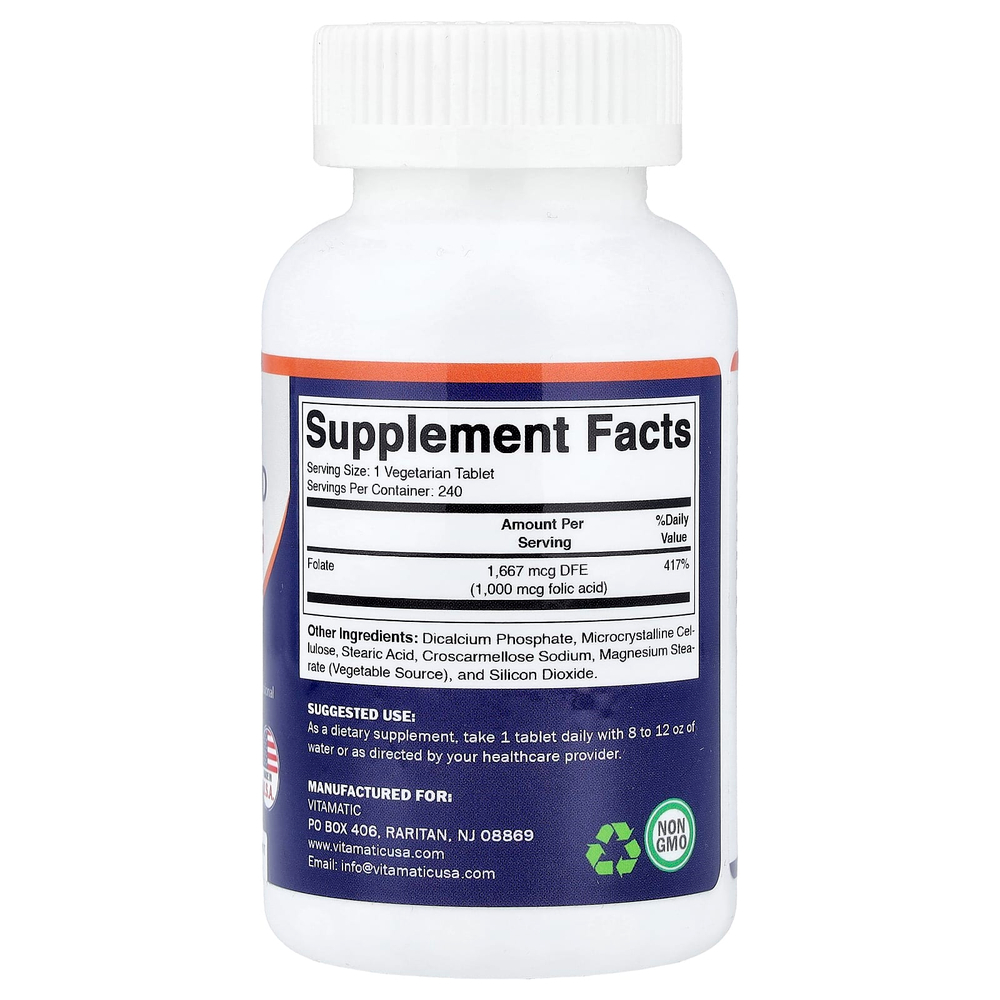 Vitamatic, фолиевая кислота, 240 вегетарианских таблеток (1667 мкг в 1 таблетке)