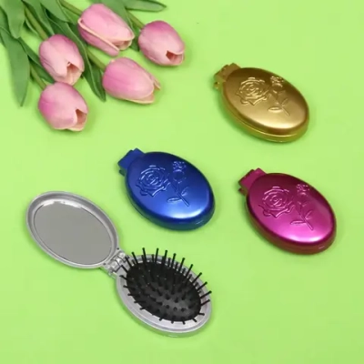 Расческа для волос массажная складная с зеркалом «Beauty Room», овал, узор розочка, микс 4 цвета, 9*5,5см