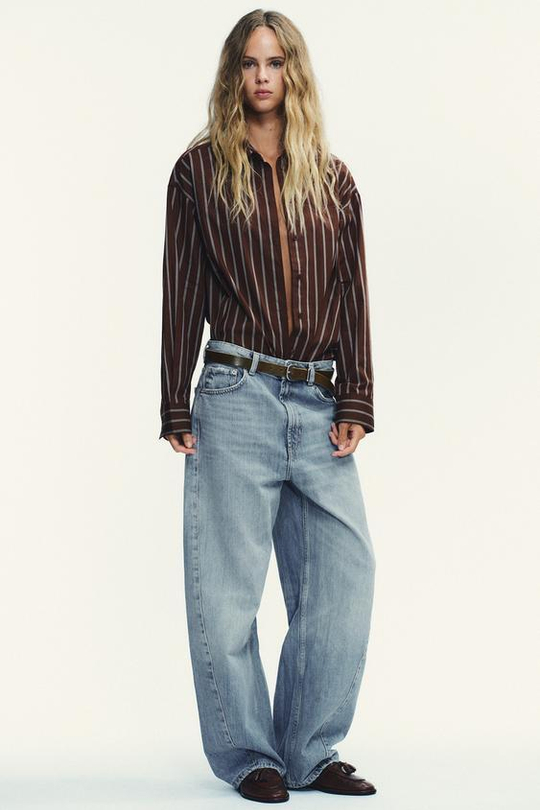 ZARA ДЖИНСЫ TRF BAGGY BALLOON СО СРЕДНЕЙ ПОСАДКОЙ, ГОЛУБОЙ
