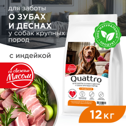 Корм сухой для взрослых собак крупных пород, премиум полнорационный комплекс, для заботы зубов и десен, с индейкой, 12 кг, QUATTRO