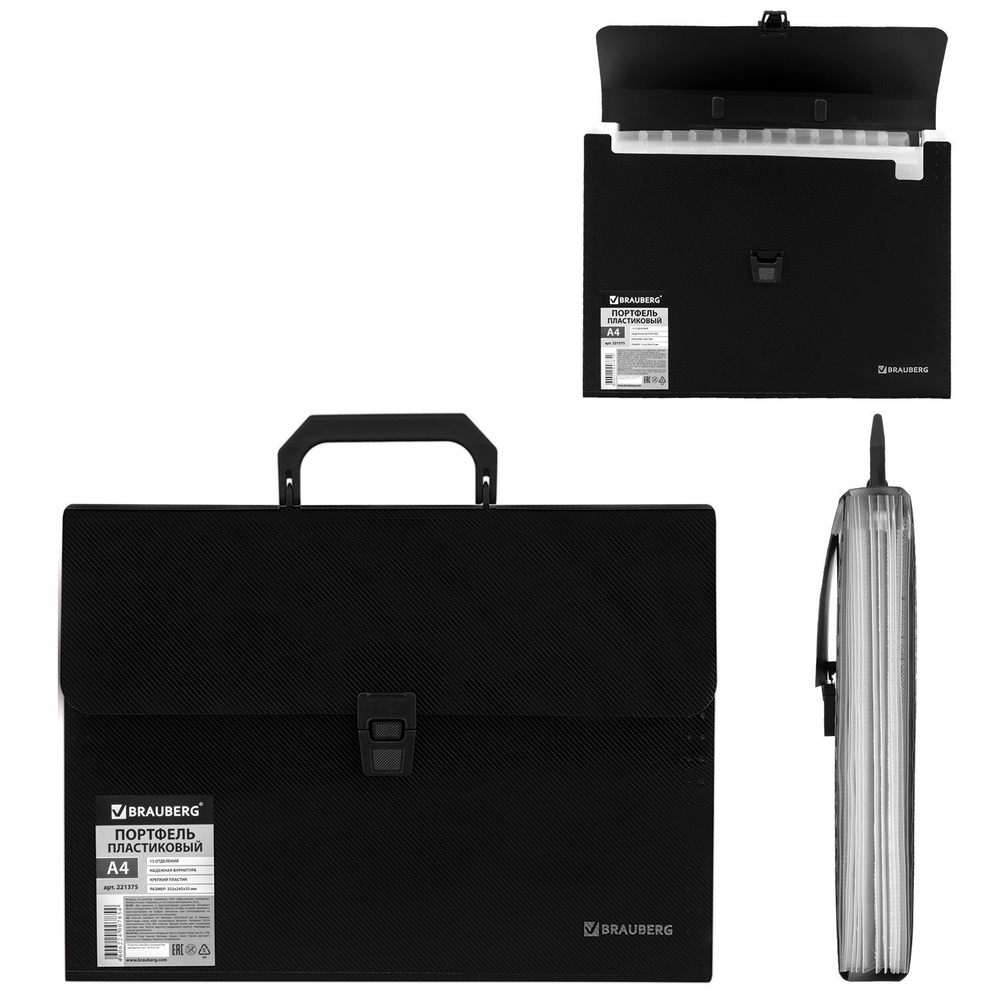 Папка-портфель пластиковая BRAUBERG А4 (332х245х35 мм) 13 отделений фактура диагональ черная (3 штуки в упаковке)