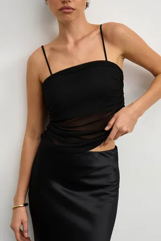 Топ из атласа с сеткой  черного цвета