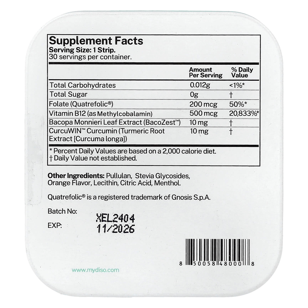 Diso, B12, апельсин и мята, 30 полосок для полости рта