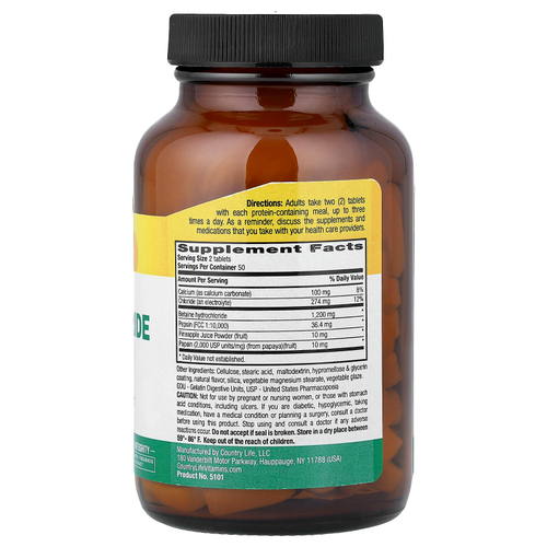 Country Life, бетаина гидрохлорид с пепсином, 100 таблеток