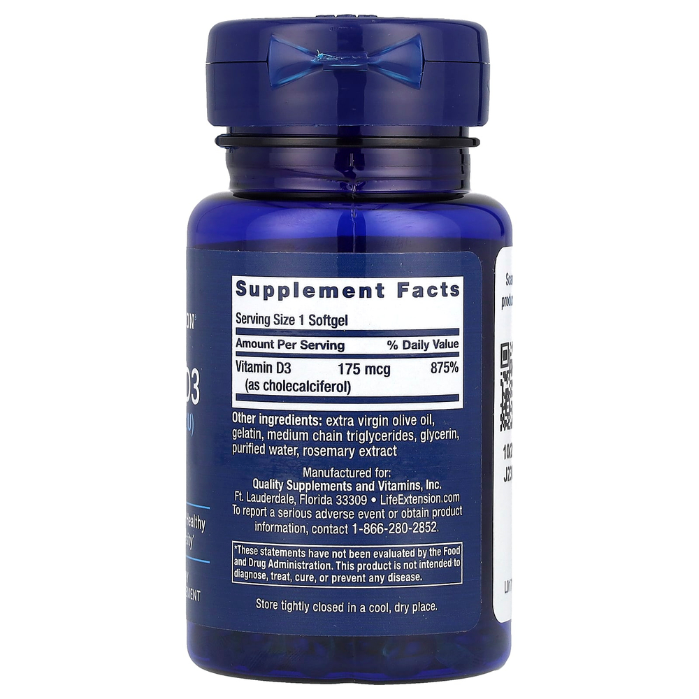 Life Extension, витамин D3, 175 мкг (7000 МЕ), 60 мягких таблеток