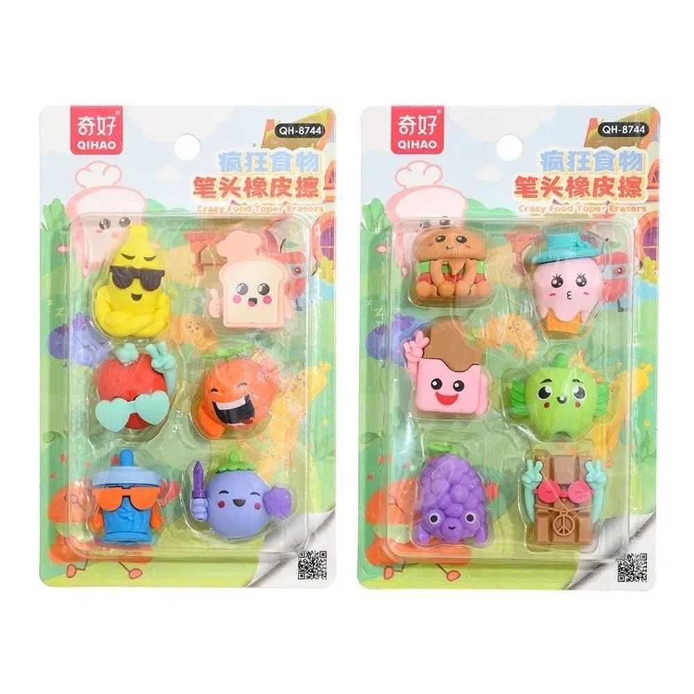 Ластик насадка на карандаш Qihao, фигурный, серия "Весёлые фрукты", корпус в форме фруктов и ягод, набор 6 шт