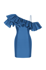 Платье мини шелковое на одно плечо с рюшами