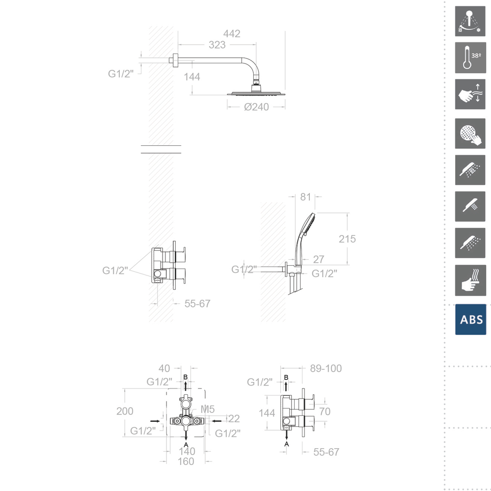 Встраиваемый термостатический смеситель для душа с троп. и руч. душем BLAUTHERM 948712RP240NM чёрный