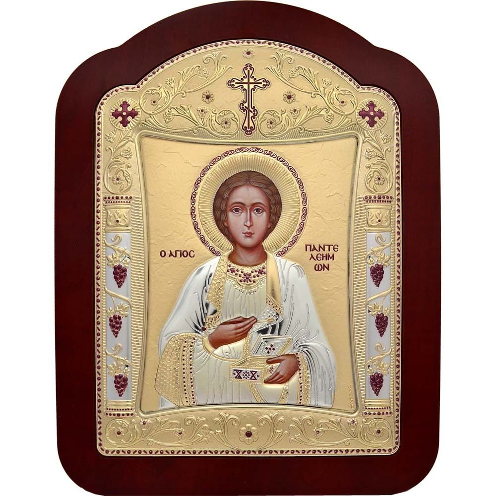 Святой Пантелеймон Целитель. Икона в серебряном окладе.