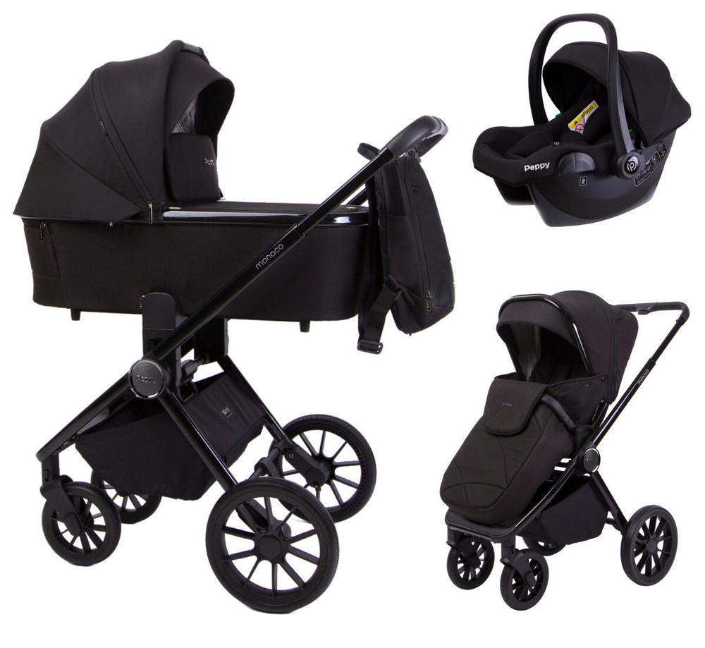 Детская коляска Peppy Monaco 3 в 1 с автокреслом Rise Brilliant black (черный), рама черный глянец