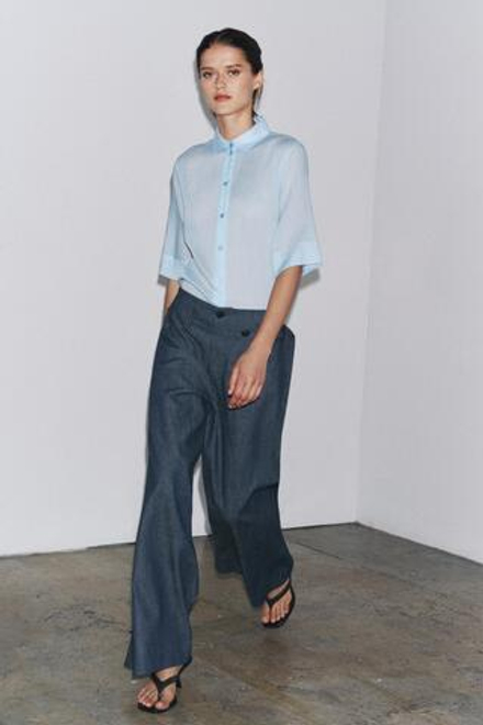 ZARA РУБАШКА ИЗ СМЕСОВОЙ ТКАНИ РАМИ ZW, ГОЛУБОЙ