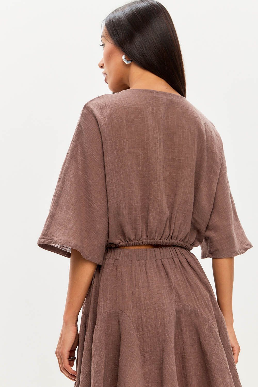 Блуза с завязками из хлопка stone wash шоколадного цвета