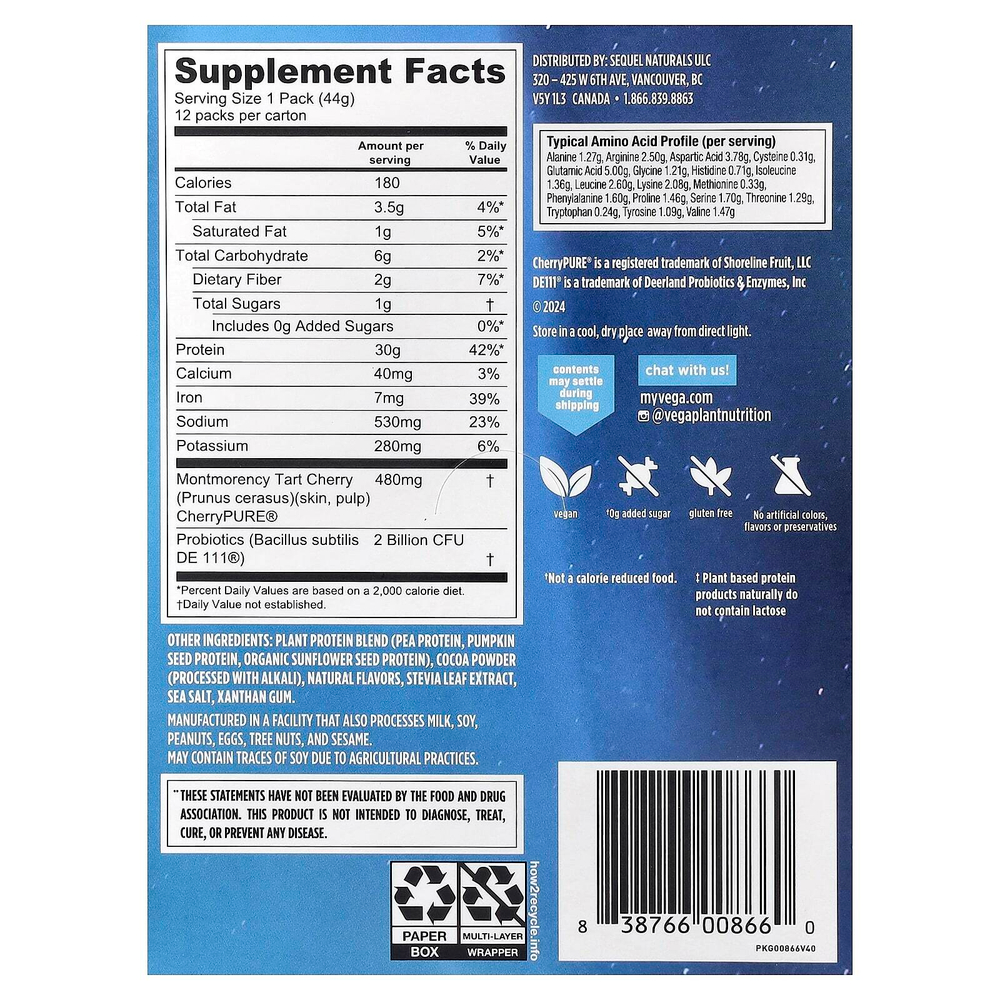 Vega, Performance, протеин и восстановление, со вкусом шоколада, 12 пакетиков по 44 г (1,6 унции)