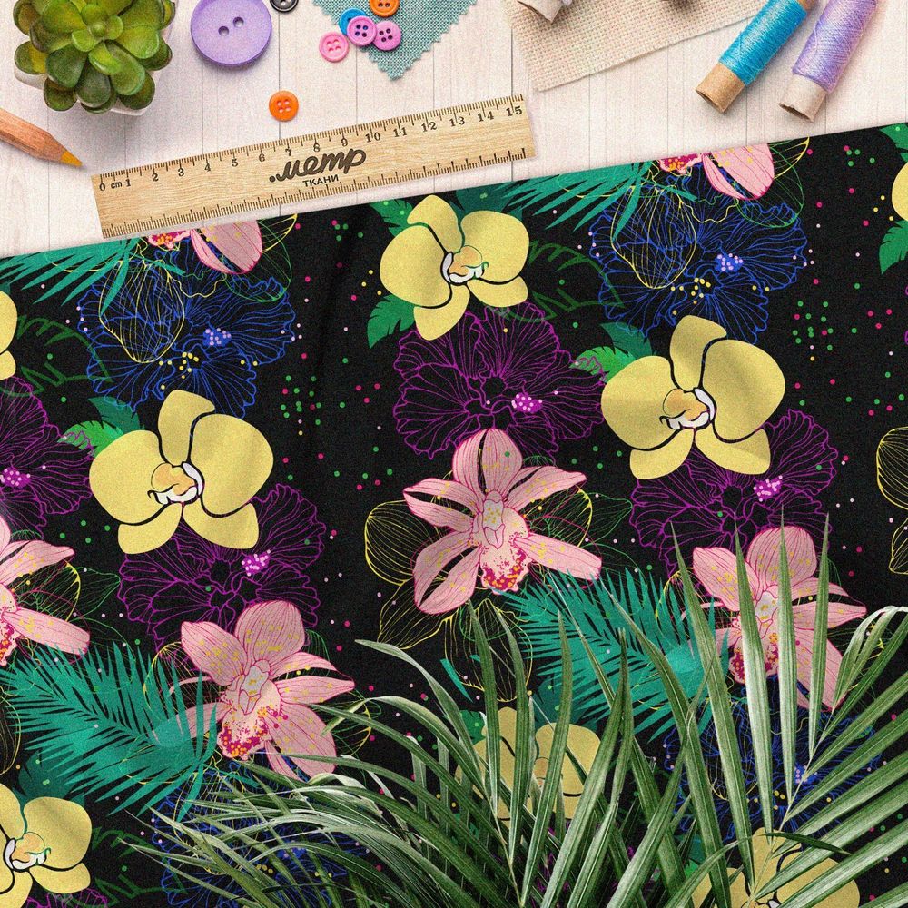 Ткань блэкаут нежно жёлтые и розовые орхидеи