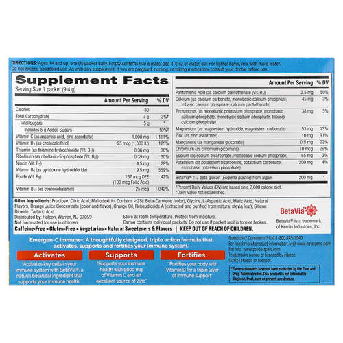 Emergen-C, Immune+, витамин C, витамин D и цинк, со вкусом апельсина, без кофеина, 30 пакетиков по 9,4 г (0,33 унции)