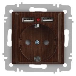 Розетка Intro Accent 6-410-10 с заземлением 2P+E Schuko со шторками 16А-250В + 2хUSB IP20 СУ венге