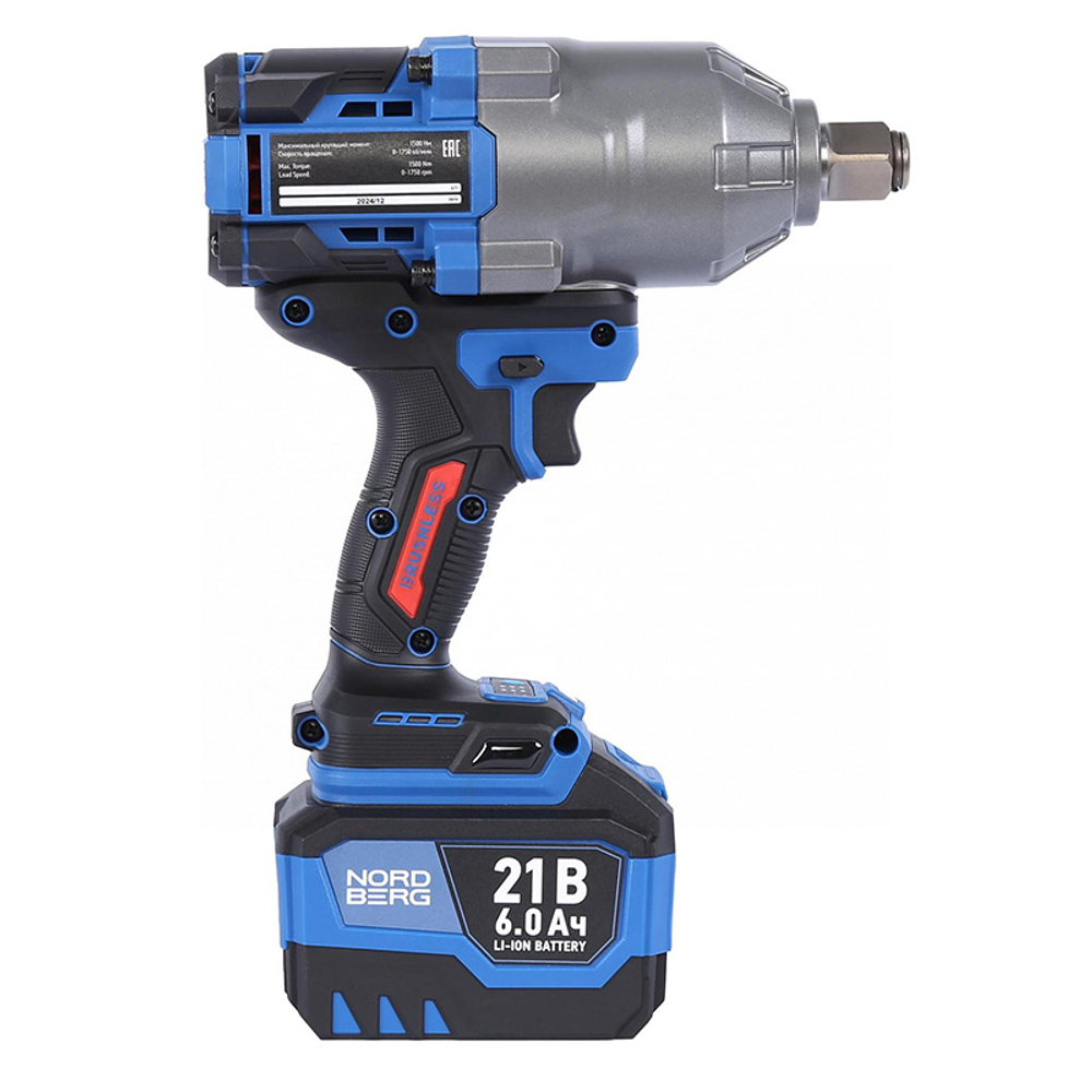 NORDBERG (NE806K-3/4) Гайковерт аккумуляторный, 3/4", 21 В, 1500 Нм, 2 аккумулятора 6 A и зарядное устройство, в кейсе