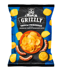 ЧИПСЫ РИФЛЕНЫЕ GRIZZLY КОЛБАСКИ ГРИЛЬ В ГОРЧИЧНОМ СОУСЕ 55ГР