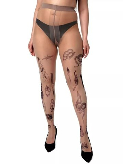 Колготки +size с принтом в виде мини-тату (Размер: XL-XXL-XXXL) (Цвет: бежевый)