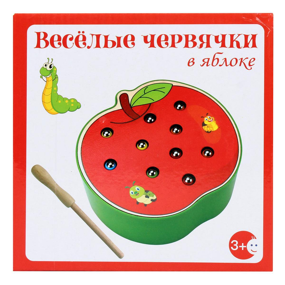 Развивающая игрушка деревянная Рыбалка Яблоко с червяками, коробка C-41678