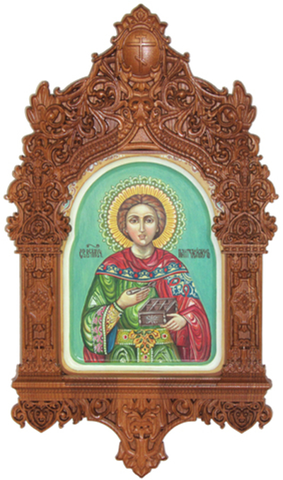Рукописная икона Святой Великомученик и Целитель Пантелеймон на кипарисе 20х15см в резном киоте