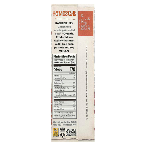 Nature's Path, Homestyle, органическая овсяная каша быстрого приготовления, 8 пакетиков, 320 г (11,3 унции)