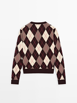 Massimo Dutti Свитер из хлопкового трикотажа с узором «ромбы», бордо