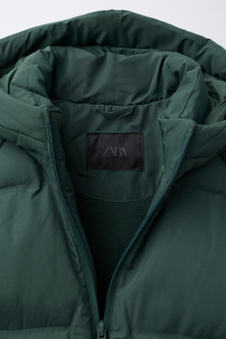 ZARA СТЕГАНЫЙ ПУХОВИК С КАПЮШОНОМ WATER REPELLENT, ЗЕЛЕНЫЙ