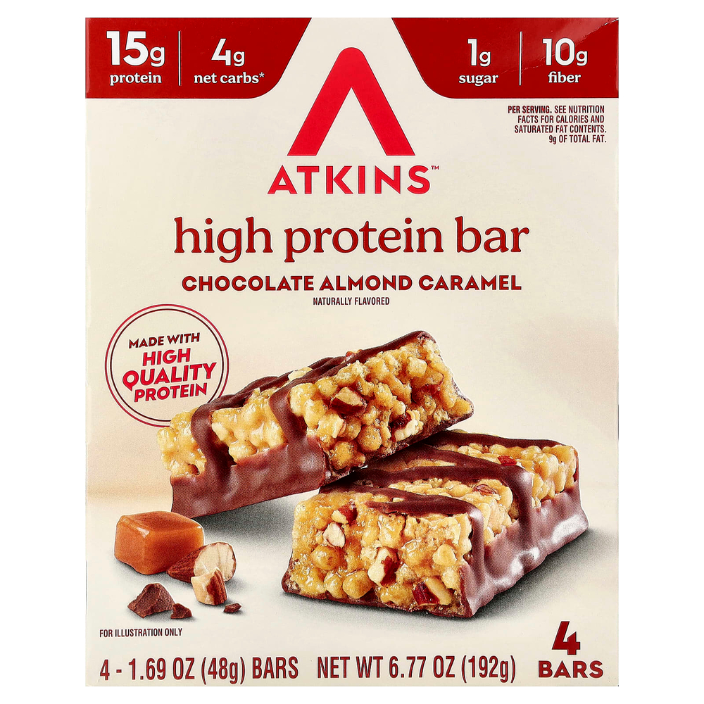 Atkins, высокопротеиновый батончик, шоколад, миндаль и карамель, 4 батончика по 48 г (1,69 унции)