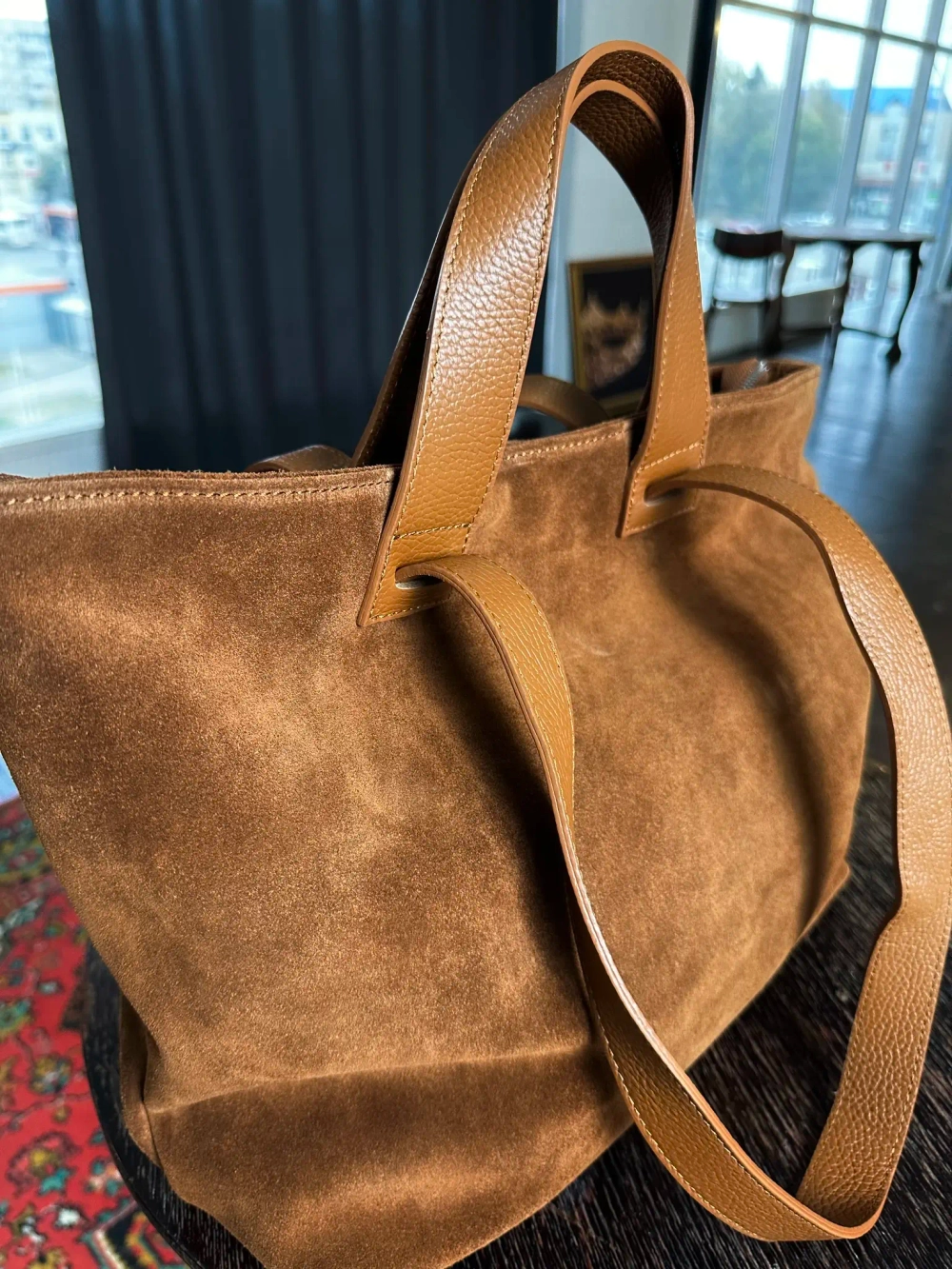 Женская сумка-шоппер из натуральной замши и кожи цвета whisky