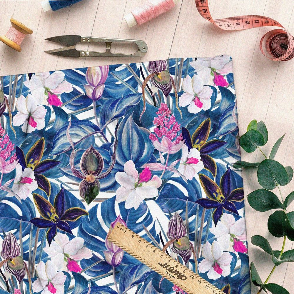 Ткань дюспо синие листья белый цветок