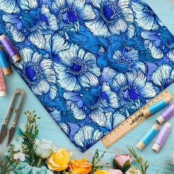 Ткань премиум интерлок бело-голубой цветник