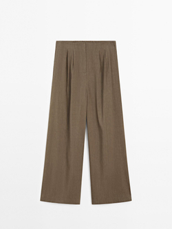 Massimo Dutti Брюки прямого кроя из смесового льна с защипами, хаки