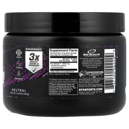 EFX Sports, pH-Correct®, моногидрат креатина, Kre-Alkalyn EFX, нейтральный, 100 г (3,53 унции)