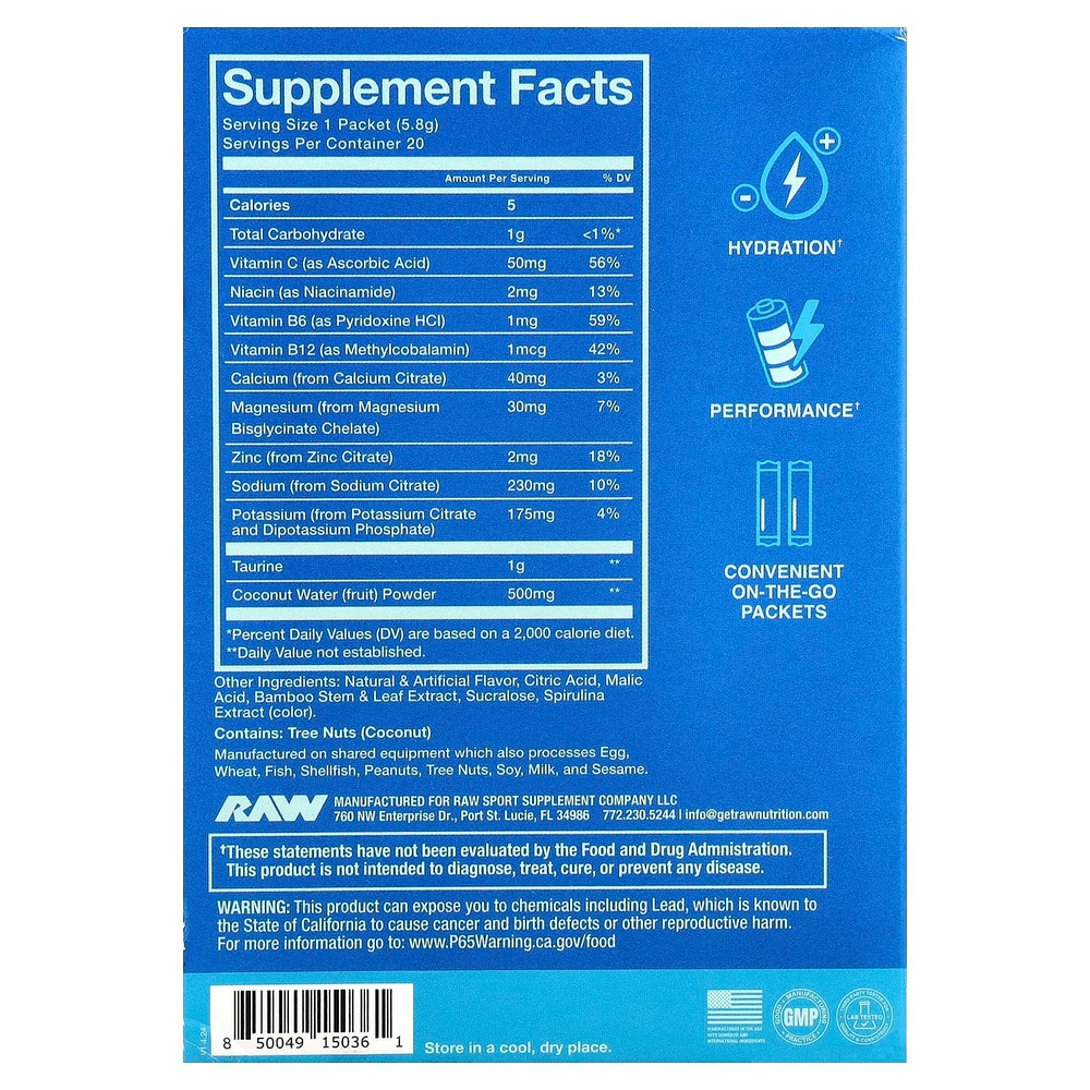 Raw Nutrition, Bum, Hydration, электролитная формула, со вкусом голубой малины, 20 пакетиков по 6,1 г (0,22 унции)