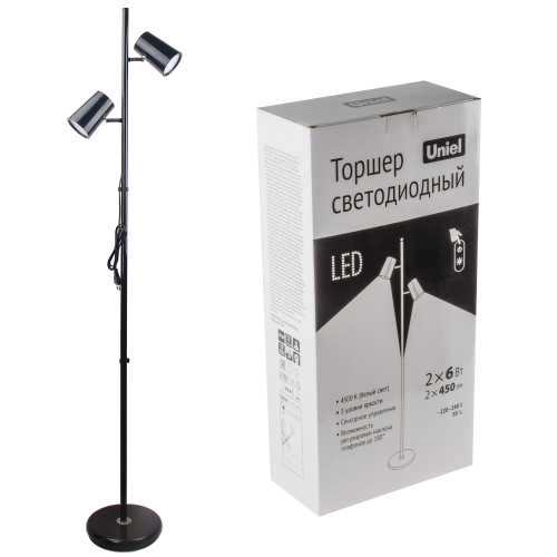 ULM-T600 2х6W/4500K/DIM BLACK Торшер напольный светодиодный, 2х6W. Сенсорный выключатель. Диммер. Черный. ТМ Uniel