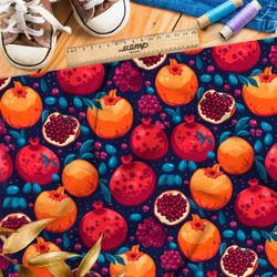 Ткань премиум шелк искусственный Армани гранатовые плоды на темном