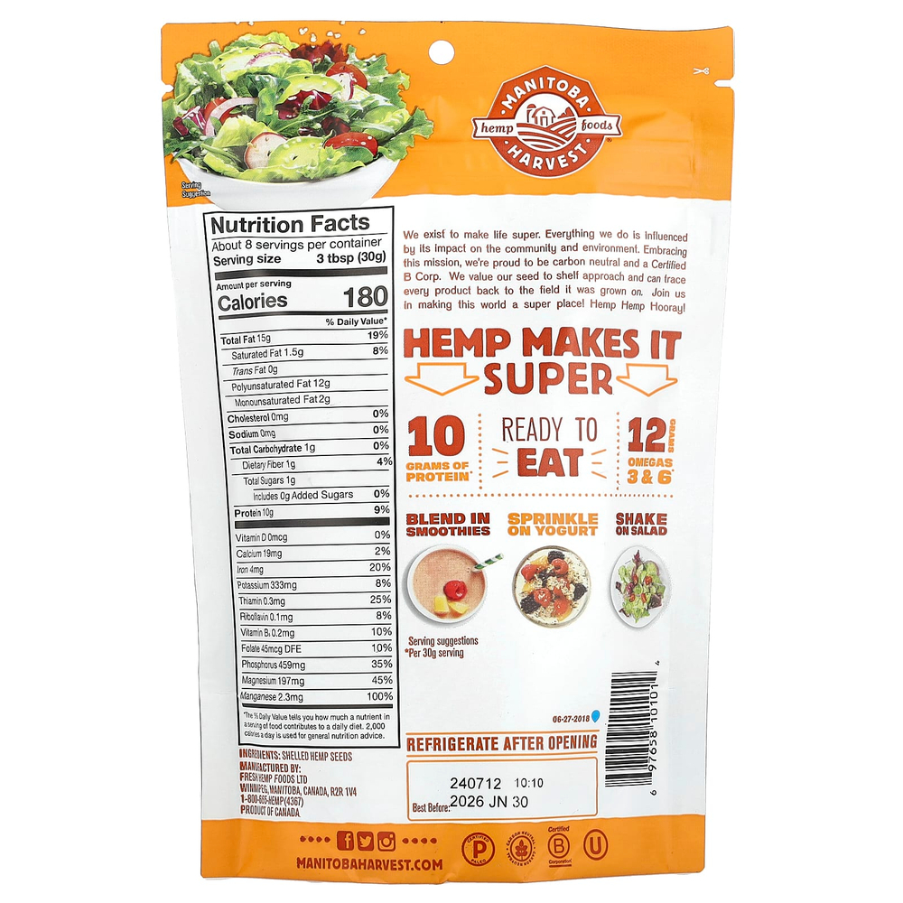 Manitoba Harvest, Hemp Hearts, очищенные семена конопли, с ореховым ароматизатором, 227 г (8 унций)