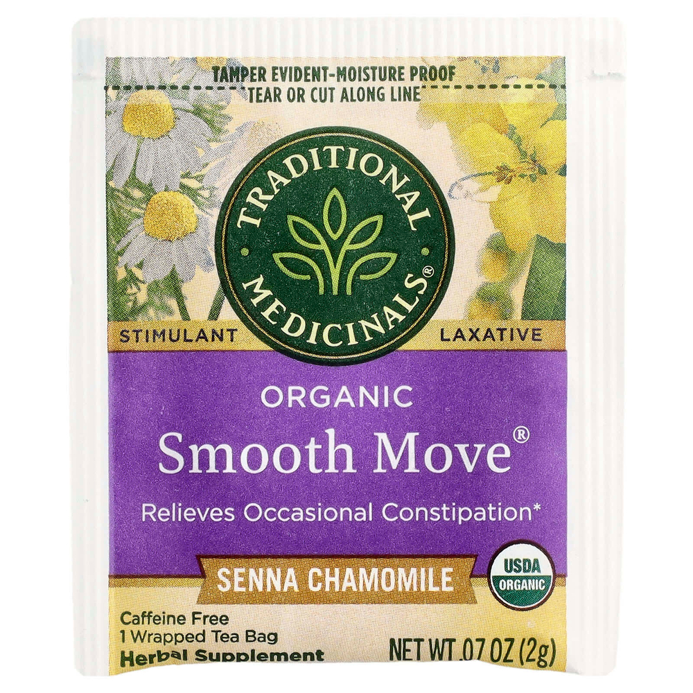 Traditional Medicinals, Organic Smooth Move®, сенна и ромашка, без кофеина, 16 упакованных чайных пакетиков, 32 г (1,13 унции)